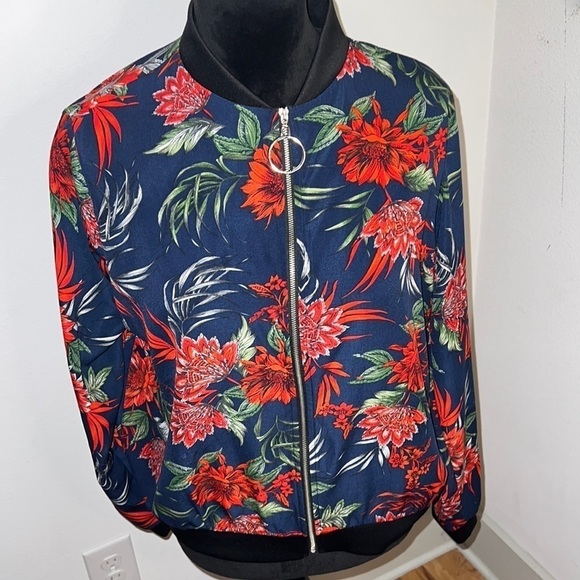 Blue/Grey Sz M blue red green floral print lightweight bomber shacket top Sz M - Picture 1 of 6